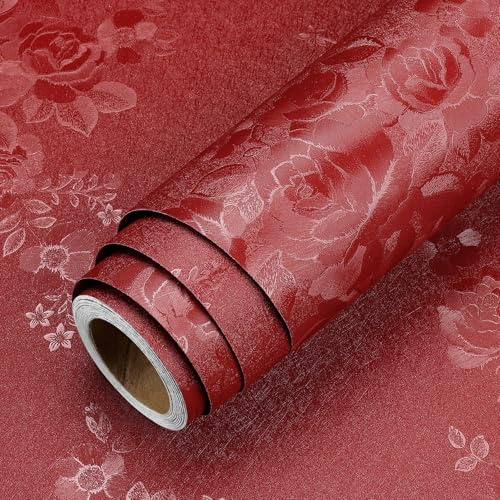 LACHEERY Tapete Selbstklebend Floral Rot Wandtapete Blumenmuster Schlafzimmer 40cm x 700cm Klebetapete Selbstklebend Wand Rot Strukturtapete Vinyltapete Vintage Wasserdicht für Wohnzimmer Restaurant