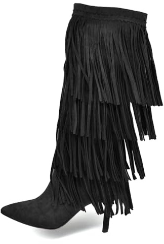 IF Stivali alti con 3 strati di frange in stile western a punta e tacco a spillo camoscio sintetico GA049 Nero N.39