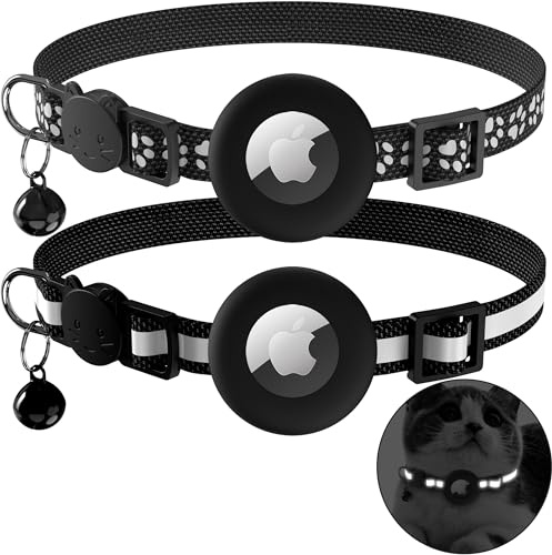 Oumida 2 Stück Kompatibel mit Airtag Katzenhalsband mit Glock und Sicherheitsverschluss, Reflektierendes Katzenhalsband, Größenverstellbares Halsband, Apple AirTag Schutzhülle für Katzen Aller Größen