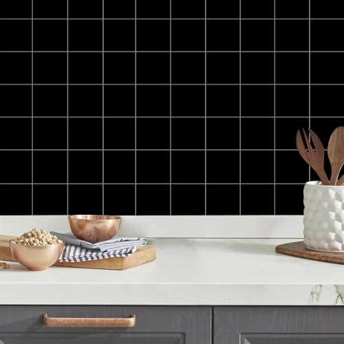 Adesivi per piastrelle, 15 x 15 cm, effetto piastrelle, 48 pezzi, in PVC, colore nero, autoadesivi, impermeabili, per cucina, bagno, rivestimento da parete, autoadesivi, per piastrelle