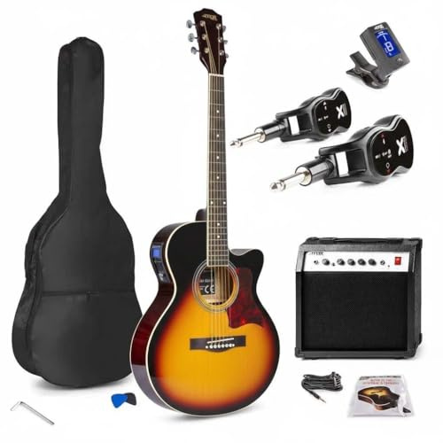 Max Showkit Guitare Électro-Acoustique Adulte Sans Fil 40W Sunburst | Pack Complet pour Débutants et Intermédiaires, Amplificateur Intégré, Pratique avec Système Sans Fil et Transport Sécurisé