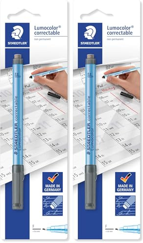 Staedtler Lumocolor Stylo à film correctable, encre à faible odeur, effaçable à sec, rechargeable, noir, largeur de ligne F, stylo sur carte blister, 305 F-9 BK (Lot de 2)