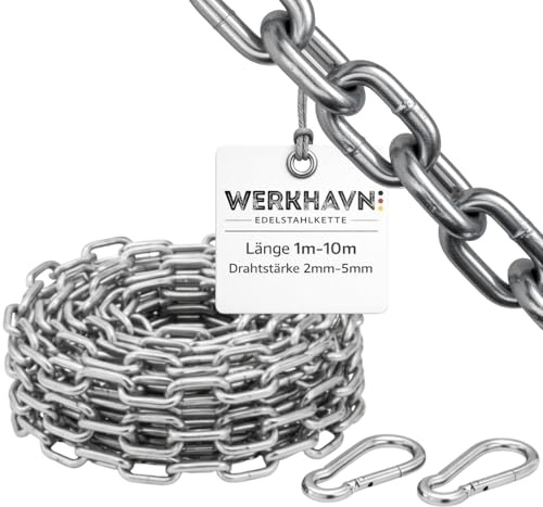 WerkHavn Edelstahlkette mit 2 Karabiner | Premium Kette aus Edelstahl 304 | rostfreie Ketten DIN763 Chain Stahlkette | Gliederkette | Rundgliederketten | Stärke 3mm Länge 5m