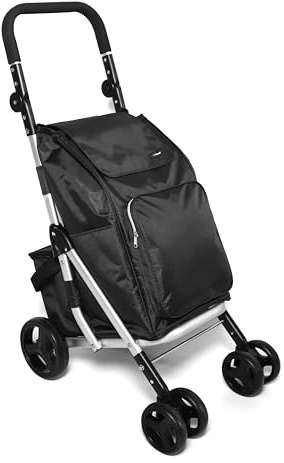 Urban London 6-Wheel Design 74L Capacity Folding Shopping Trolley with Cooler Bag Adjustable Handle (Black)