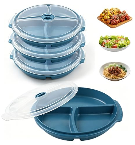 YuLiMirich 3 Stück Mikrowellen Teller, Mikrowellenteller mit Deckel, Multischale mit 3 Fächern Portionsteller Plastik Teller Bentobox Mikrowellengeschirr zum Aufwärmen Mahlzeiten