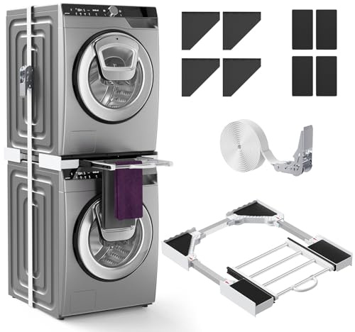 Kit de Superposition universel pour machine à laver et sèche-linge, kit d'empilage universel avec 6 tiges télescopiques, cadre intermédiaire universel résistant, taille réglable（largeur: 56-69cm）