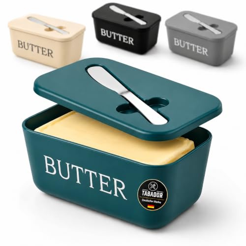 TABADOR Plastic butter dish with lid and knife for 250 g butter, BPA-free and food-safe, butter dishes for fridge, also suitable for cheese and snacks (petrol)