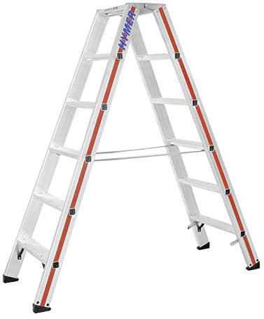 Hymer Stufenstehleiter 2x6 Sprossen (beidseitig begehbar, verstärkte Stufen, massive Gelenke, Spreizsicherung) 802412