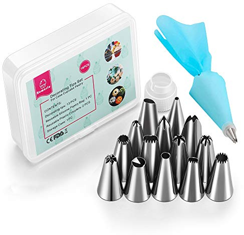 Spritztüllen Set, 14 Tüllen aus Edelstahl, 1 Sahne Silikon Spritzbeutel, 1 Kupplungen, Tortendekoration set Backen Liefert, Kuchen Keksen Plätzchen Dekoration - 16 PCS