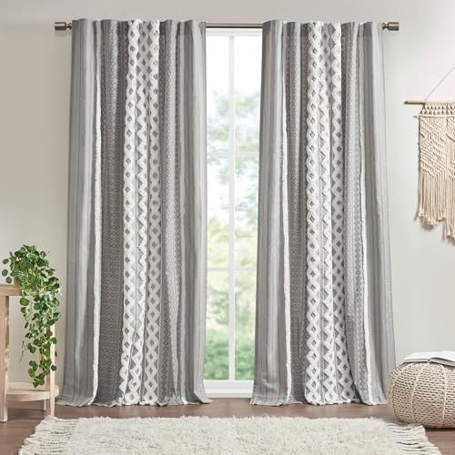 INK+IVY Imani Cotton Geometric Print, Single Panel Window Curtain, Texture, Mid-Century Look Easy to Hang, Fits up to 1.25 Diameter Rod, 50 x 84, Grey