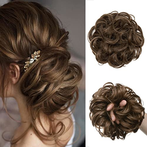 JJstar Haarteil Mit Gummiband, Groß Dutt Haarteil Blond Gelockt Haargummi Mit Haaren Hochsteckfrisuren Haarverlängerung Messy Bun Haarteile für Damen Mädchen Pferdeschwanz (Mittleres Aschbraun)