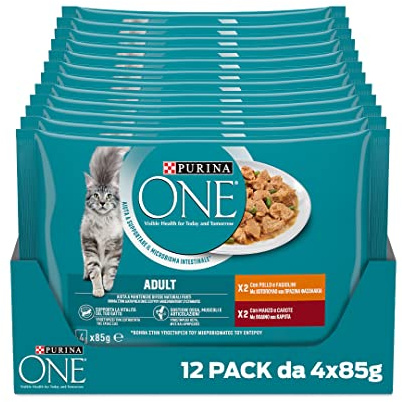 PURINA ONE Cibo Umido per Gatti Adulti Filettini con Pollo e fagiolini, Manzo e Carote 48 Buste da 85g