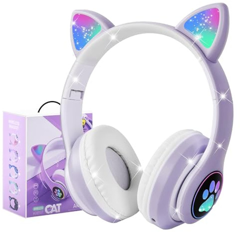 Megadream Bluetooth LED Light Cat Ear Kids Headphones with Microphone | Foldable Children Headset for iPhone/iPad/Tablet, Bluetooth 5.0 & Stereo Sound for Girls Age 7+, Purple