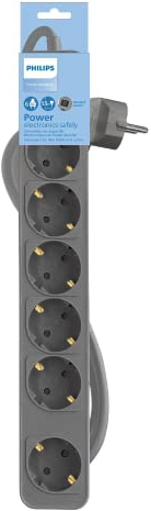 Philips Regletas CHP2164G - Regleta de 6 Enchufes, Cable de 1.5 Metros, Interruptor Principal, Cierre de Seguridad Automático, Indicador LED de Alimentación - Color Gris