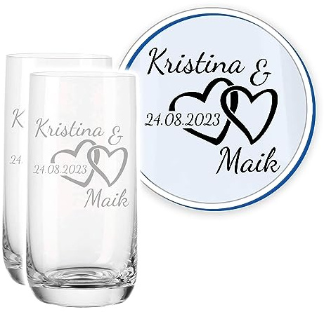 LALALO Leonardo Hochzeit Trinkglas Geschenk-Set (2 St.) graviert, Trinkgläser mit Gravur personalisiert als Hochzeitsgeschenk, Wasserglas/Longdrink-Glas zum Hochzeitstag (Herzharmonie)