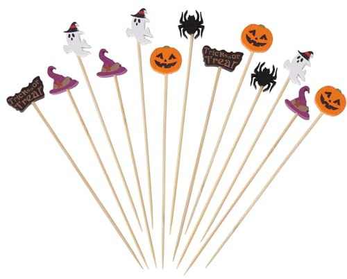 ENLACE Halloween Cocktailspieße 100 Stück Holz Zahnstocher,Holzspieße Halloween Deko,Geist Spinne Kürbis Fingerfood Spieße,Halloween Cocktail Sticks für Tortendeko,Muffin,Cupcake,Cocktailparty Deko