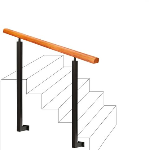 Corrimano Scala Ringhiera di Sicurezza Ringhiera per Scale Interne/Gradini in Cemento Balaustra in Legno+Palo in Ferro e Metallo Nero, Montaggio Laterale Corridoio Loft Balcone Ringhiere per Terrazze