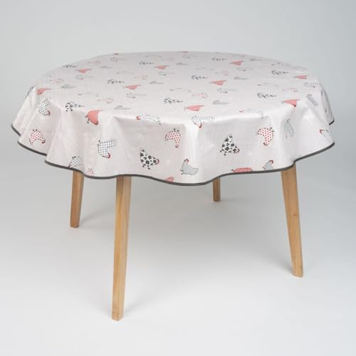 laro Wachstuch Tischdecke, Hühnerparade Grau Rot Schwarz, Rund 140cm | Abwaschbar, Wachstuchtischdecke, Mit Saum-Eingefasst-Paspelband