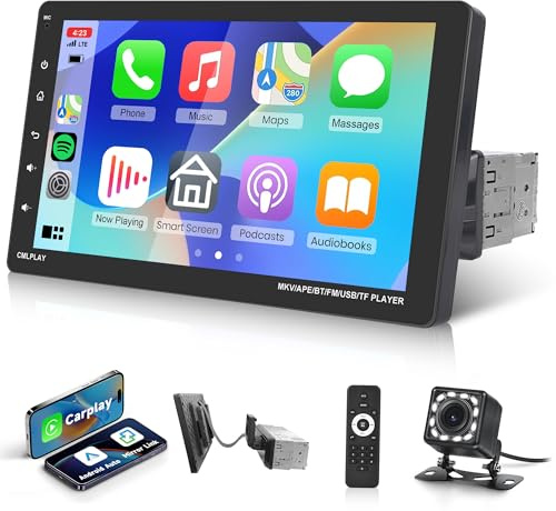Rimoody Autoradio 1 Din Carplay Android Auto 9 pollici Schermo Rimovibile Autoradio con IOS/Android Mirror Link FM/USB/EQ/AUX/SD Controllo del Volante Telecamera Posteriore