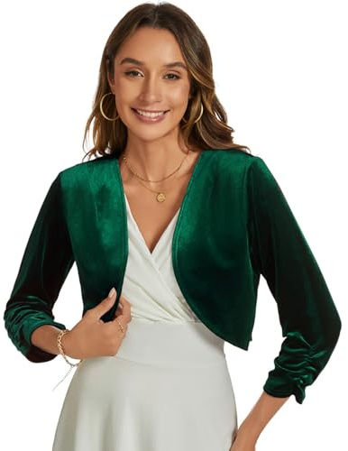 YOUNIFIZ - Cárdigan de bolero con manga de 3/4 para mujer, de terciopelo, con abertura frontal, sastre, para cóctel y fiesta, verde oscuro, L