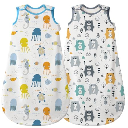 Mosebears Baby sovsäck sommar 2 pack söt djur tecknad tvättbar filt 0,5 tog för flickor och pojkar bärbar filt ärmlös sovsäck(Björn Maneter, L(12-18 månader))