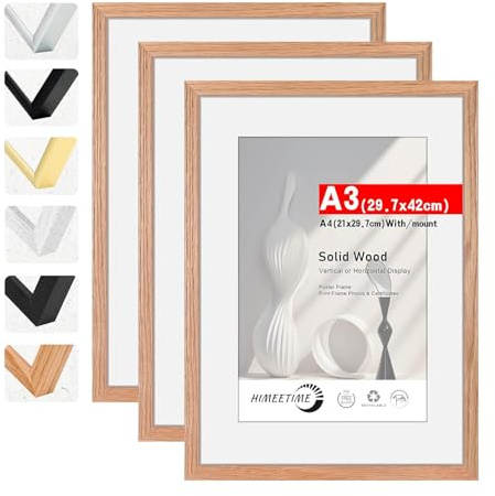 HIMEETIME® 3x Marco de fotos A3 29.7x42cm natural Roble de Madera marcos cuadros, con soporte de A4 (21x 29.7cm),Para Decoración de Pared y Decoración hogar marco A3
