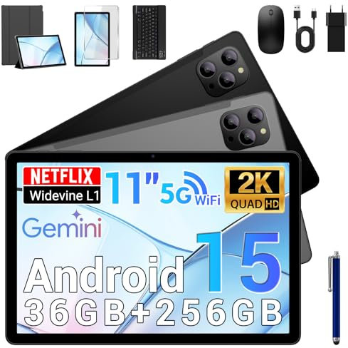 BEYNIVAN Tablet Android 15-11 Pollici Tablet in Offerta con Octa Core T615,36GB RAM + 256GB ROM (2TB TF), 5G WiFi,Gemini AI,Widevine L1,8000mAh,18W,Foto AI 16MP+8MP, TÜV, GPS,con Tastiera+Mouse,Nero