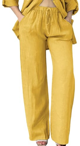Cihdmfb Pantalones de muselina para mujer, de color sólido, de lino, tallas grandes, sueltos, ligeros, rectos, para la playa, de verano, cintura elástica, con bolsillos, A-amarillo, XL