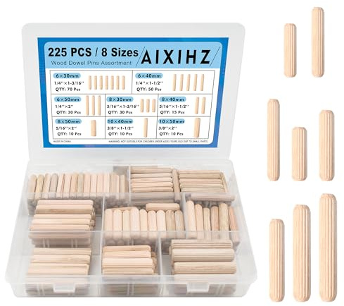 AIXIHZ Fluted Wood Dowels Kit 1/4 3/8 5/16 Inch, 225 Pcs Hardwood Wooden Dowel Pins for Woodworking, Furniture Repair, Cabinet Making, DIY Crafts, 8 Sizes