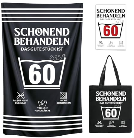 YSUVIN 60 Geburtstag Frau Mann, Schwarz Handtuch& Strandtuch(160x80cm) mit Baumwoll Shopper Tasche, Lustige Geschenk 60 Geburtstag für Frauen Mutter Gattin Schwestern Freunde Kolleginnen