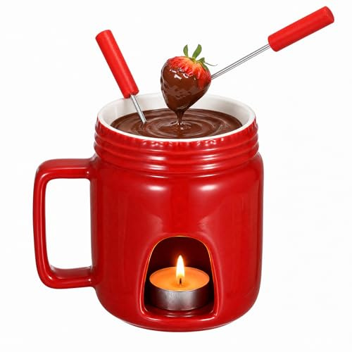 BSTKEY Ceramic 200ml Cheese Fondue Pot Butter Warmer Set with 2 Forks, Red | Small Chocolate Caramel Melting Pot Decorative Milk Fondue Set Tea Light Candle Warmer with Handle for Party