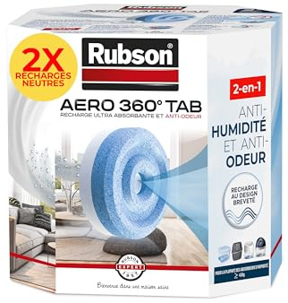 Rubson Aero 360° TAB, Recharges Déshumidificateur, Parfum Neutre, 2x 450g | Recharge avec cristaux pour absorbeur d'humidité, Anti odeurs & humidité, Jusqu'à 3 mois, Compatible appareils 450g+, 20m²
