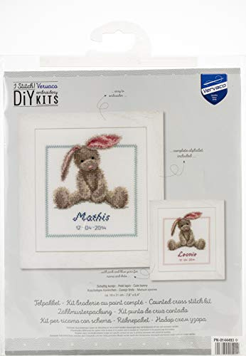 VERVACO Gezählter Kreuzstich Stickpackungen Stickset Baby Geburt Kuscheliges Kaninchen Wanddekoration Handarbeit Set für Erwachsene Kreatives Handwerk ca. 19 x 21 cm Geburt Geschenk Hausdeko