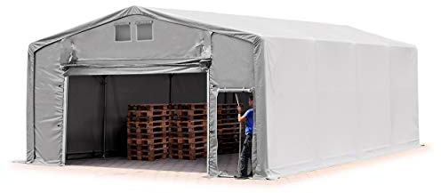 TOOLPORT Tente de Stockage 8x8m, Tente Industrielle, 3m Hauteur de côté, avec Porte actionnée par Traction, PVC 850 N, imperméable,Gris