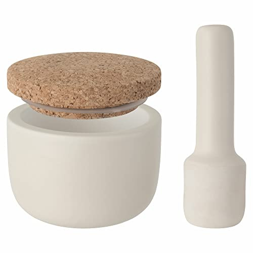 Berghoff 3950032 Leo Mörser und Stößel aus Steinzeug mit Korkdeckel, 10 x 9 x 4 cm, weiß