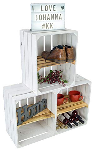 3er set Neue weiße Obstkiste Johanna / Schuhregal Ablageregal Beistelltisch Schuhbox Weinkiste Apfelkiste Holzkiste Regalkiste Ablagekiste (3er set weiß mit geflammter Einlage QUER)