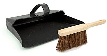 Srendi® Large Strong Metal Dustpan and Brush Set Soft or Stiff Brush Black Dust Ash Pan Coco Fibre Hand Brush Heavy Duty Solid FSC Wood, Sweeping and Scrubbing Wooden Brushes (Dustpan with Hard Brush)