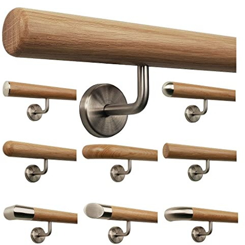 TIBU Eiche Holz Handlauf Geländer 0,3m - 6m, Länge 80 cm, Ende Radius gefräst und 2 gewinkelte Halter