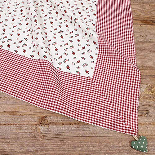 Tischdecke VRONI kariert Rosen Druck rot - Großes Stoff Tischtuch Landhausstil 100 x 100 cm Tischdeko quadratisch - Waschbare Mitteldecke aus 100 % Baumwolle, als moderne Esstischdeko, Hochzeitsdeko