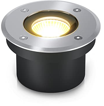 lambado® LED Bodenstrahler flach für Aussen IP67 - Wasserdicht & Befahrbar inkl. 5W Strahler warmweiss dimmbar - Bodeneinbaustrahler/Bodenleuchte rund aus Edelstahl für Terrasse & Garten