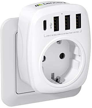 LENCENT Presa Elettrica EU a Muro, Adattatore Caricatore da Parete con 1 Presa di CA Europeo di 2 Pin 1 Porta USB-C e 3 Porte USB-A, Adattatore Spina per Smartphone, Tablet, 4000W Presa CA