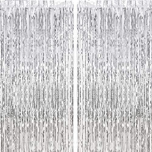 CHRORINE 2pcs 1m x 2.5m Silver Tinsel Foil Fringe Curtains Streamers Backdrop for Birthday Graduation Engagement Bridal Shower Bachelorette Baby Shower Holiday Party Decorations