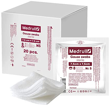 Medrull Compresse sterili, 20 buste x 5 pezzi (100 pezzi), 8 strati, 7.5 cm x 7.5 cm