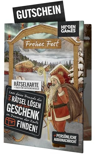 Hidden Games Rätselkarte – Weihnachten – Geldgeschenk mit 3 Rätseln | Individualisierbare Weihnachtskarte: 3 Rätsel + Audiobotschaft schützen Geldgeschenk & Gutschein. Erst lösen, dann auspacken!