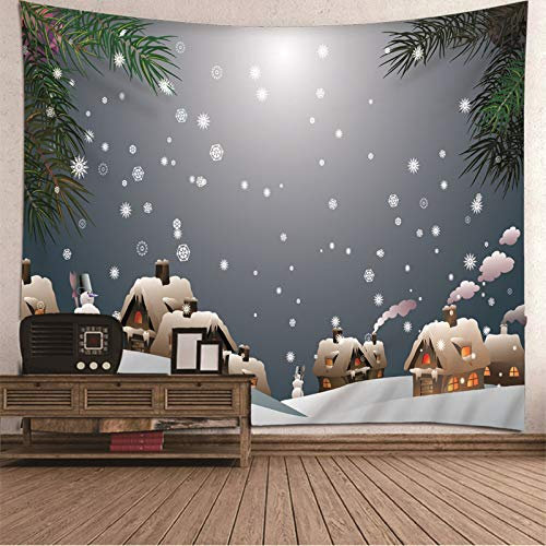 Banemi Wandteppich 3D Druck, Schneemann Haus und Schneeflocke Grau Polyester Wandteppich Herren 150X130cm