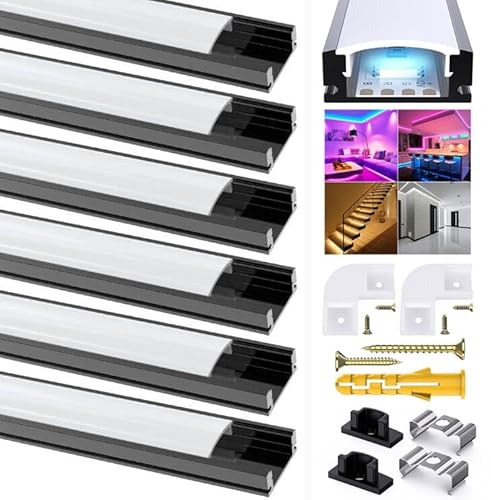 Chesbung LED-remsa diffusor, LED aluminiumkanal svart U-formad LED-aluminiumprofil med mjölkvitt skydd, ändlock och monteringsklämmor aluminium extrudering 90 graders kontakter för LED-lysrör