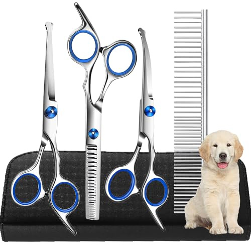 Dog Scissors, 6.7 Inch Stainless Steel Dog Grooming Scissor Kit with Safety Round Tips, Pets Grooming Shears with Thinning Shears & Curved Scissors for Pet Hair Fur Care