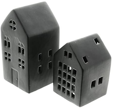 FRANK FLECHTWAREN Dekohaus, LED-Haus Black, 2er Set, Porzellan, Mattschwarz, warmweiße LED, batteriebetrieben, An-/Aus-Schalter Maße: Höhe 11 cm, 15 cm, auch ein tolles Geschenk für den Einzug