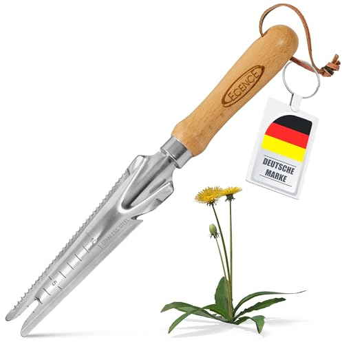 ECENCE Unkrautstecher Edelstahl mit Pflanzfunktion Wurzeljäter mit Holzgriff Manueller Weeder zum Graben Jäten, Lösen Geschenk für Gärtner Gärtnerinnen 33,5cm