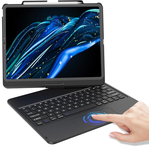 KBCASE Funda con teclado para iPad Air de 13 pulgadas M4/M3/M2 (2026/2025/2024)/para iPad Pro de 12.9 pulgadas 6ª/5ª/4ª/3ª generación, funda giratoria de 360° con panel táctil y soporte para lápiz